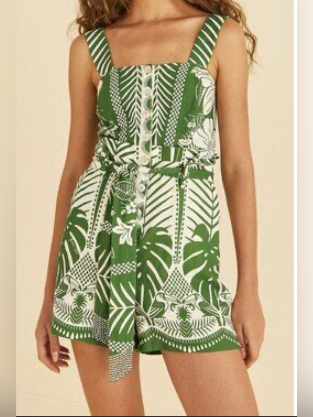 FARM Rio Macaw Elegance Belted Palm-Print Romper LinenM